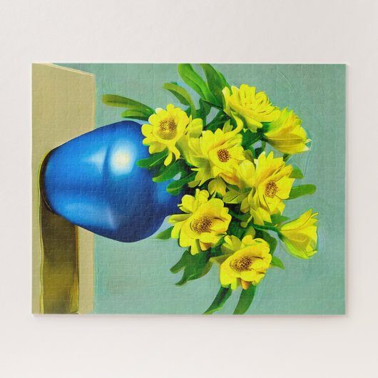 Gelbe Rosen in Blauer Vase Boho Kunst Puzzle (Horizontal)