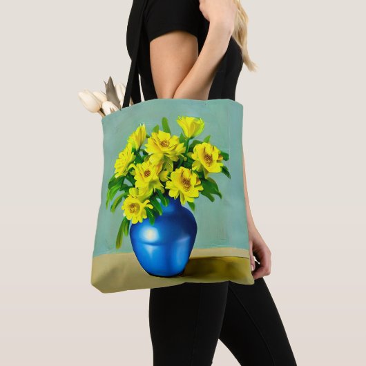 Gelbe Rosen in Blauer Vase Boho Kunst Tasche (Von Nahem)