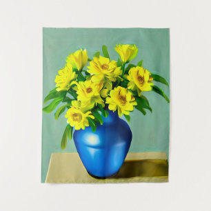 Gelbe Rosen in Blauer Vase Boho Kunst Wandteppich
