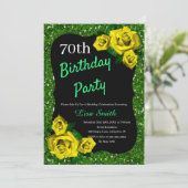 Gelbe Rosen jedes Alters Grüner Glitzer Einladung (Stehend Vorderseite)