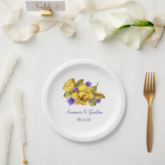 Gelbe Rosen Lila Violetten Monogramm Nachtisch Taf Pappteller