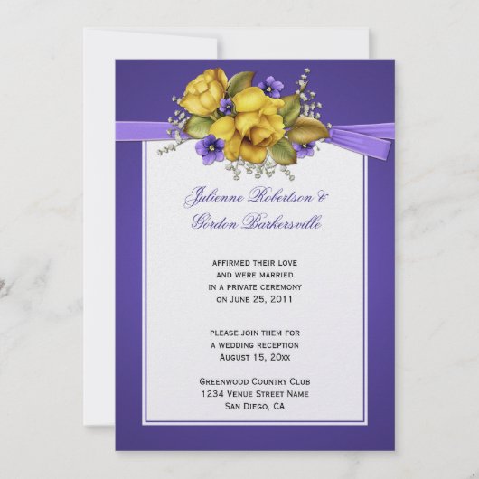 Gelbe Rosen Lila Violetten Post Hochzeit Einladung (Vorderseite)