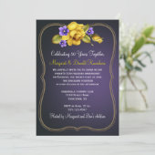 Gelbe Rosen Lila Violetten Verzierte Rahmen Einladung (Stehend Vorderseite)