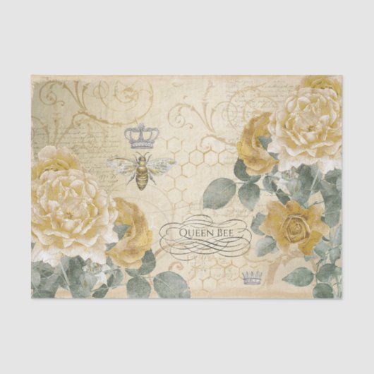 Gelbe Rosen mit Damask Floral Queen Bee Seidenpapier (Vorderseite)