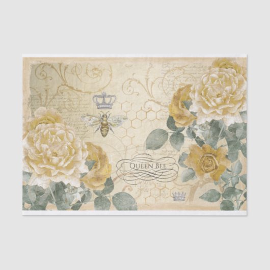 Gelbe Rosen mit Damask Floral Queen Bee Seidenpapier (Vorderseite)