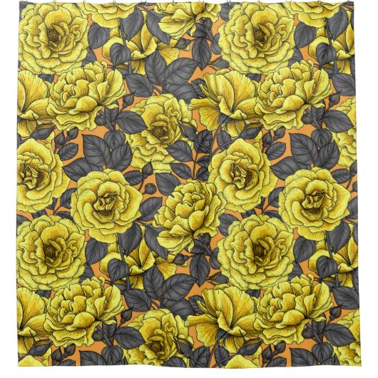 Gelbe Rosen mit grauen Blätter auf Orange Duschvorhang (Vorderseite)