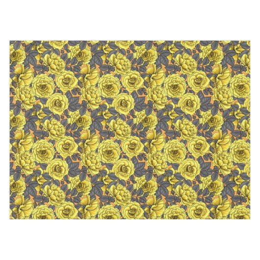 Gelbe Rosen mit grauen Blätter auf Orange Tischdecke (Vorderseite (Horizontal))