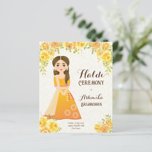 Gelbe Rosen niedliches Mädchen Budget Haldi Einlad (Stehend Vorderseite)