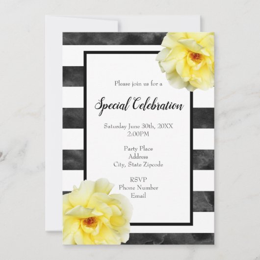 Gelbe Rosen, schwarze und weiße Wasserfarben Strei Einladung (Vorderseite)