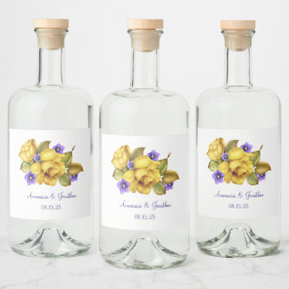 Gelbe Rosen und Lila Violetten Gastgeschenk Hochze Alkoholflaschenetikett