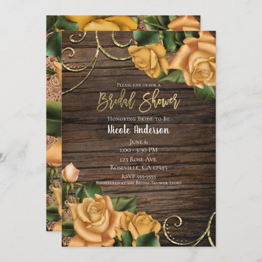 Gelbe Rosen und rustikales Brautparty aus Holz Einladung (Vorne/Hinten)