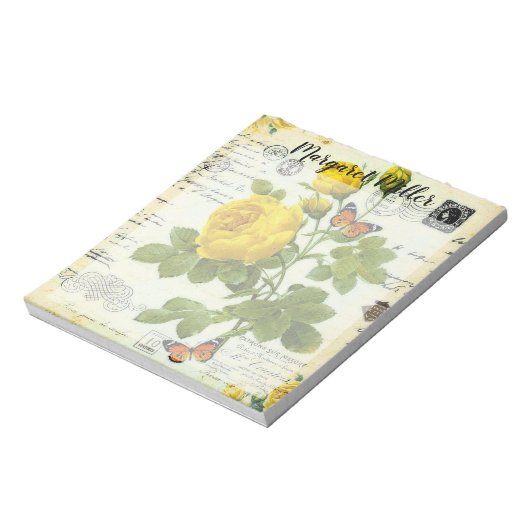 Gelbe Rosen und Schmetterlinge personalisiert Notizblock (Rotiert)