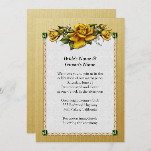 Gelbe Rosen und Smaragde Hochzeitseinladung Einladung (Vorne/Hinten)