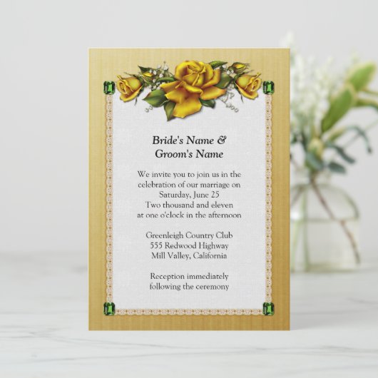Gelbe Rosen und Smaragde Hochzeitseinladung Einladung (Stehend Vorderseite)