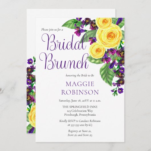 Gelbe Rosen | Violets Boho Floral Bridal Brunch Einladung (Vorne/Hinten)