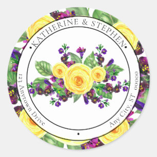 Gelbe Rosen Violets Boho Floral Rücksendeadresse Runder Aufkleber