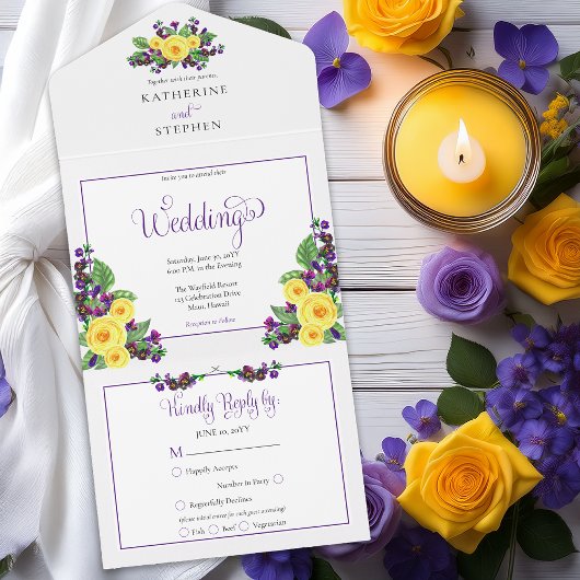 Gelbe Rosen | Violets Boho Floral Wedding All In One Einladung