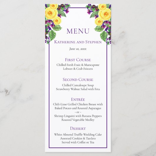 Gelbe Rosen | Violets Boho Floral Wedding Menu Menükarte (Vorderseite)