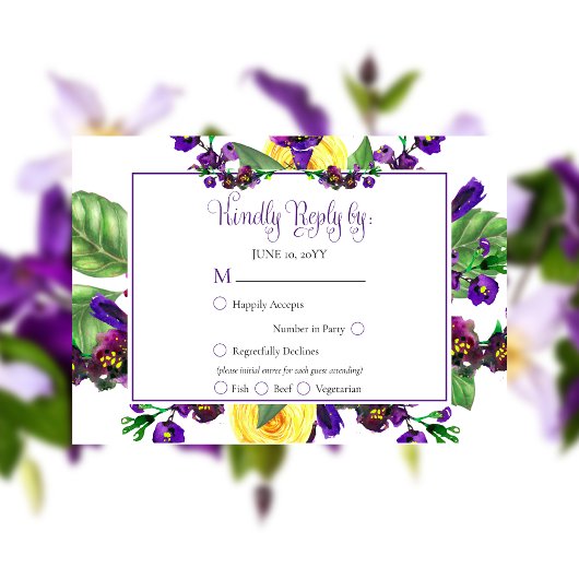 Gelbe Rosen |Violets Boho Floral Wedding RSVP Karte