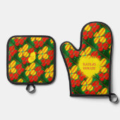 Gelbe rote Blume mit grünem Hintergrund Ofenhandschuh & Topflappen-Set (Vorderseite)