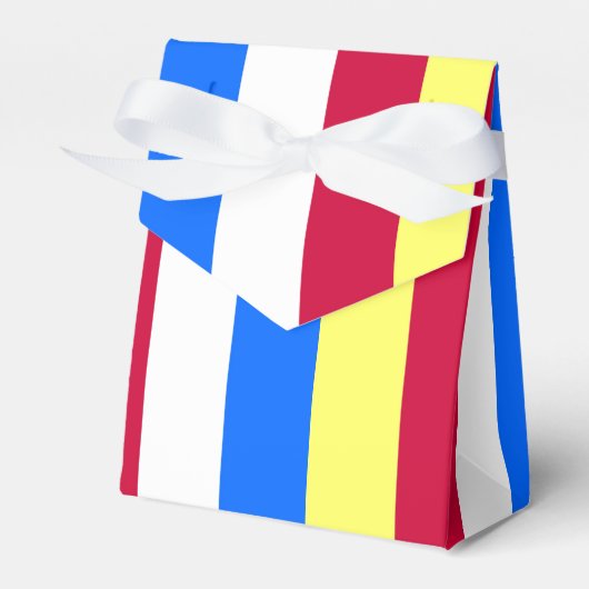 Gelbe, rote, weiße und blaue Streifen Geschenkschachtel (Vorderseite)