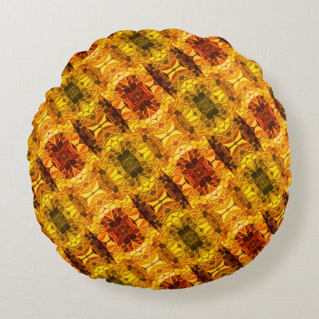 Gelbe rötliche Stücke und Formen Rundes Kissen (Vorderseite)