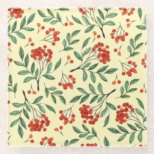 Gelbe Rowan Wasserfarbe Nahtloses Muster Glasuntersetzer (Vorderseite)