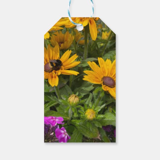 Gelbe Rudbeckia-Blume Rosa Phlox und Biene Geschenkanhänger (Rückseite)