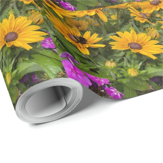 Gelbe Rudbeckia-Blume Rosa Phlox und Biene Geschenkpapier (Rolleneckpunkt)