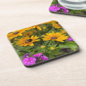 Gelbe Rudbeckia-Blume Rosa Phlox und Biene Getränkeuntersetzer (Linke Seite)