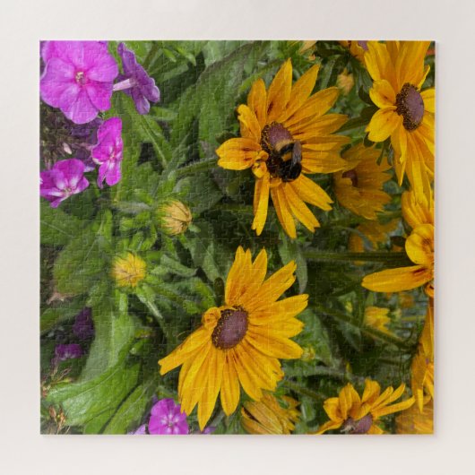 Gelbe Rudbeckia-Blume Rosa Phlox und Biene Puzzle (Horizontal)