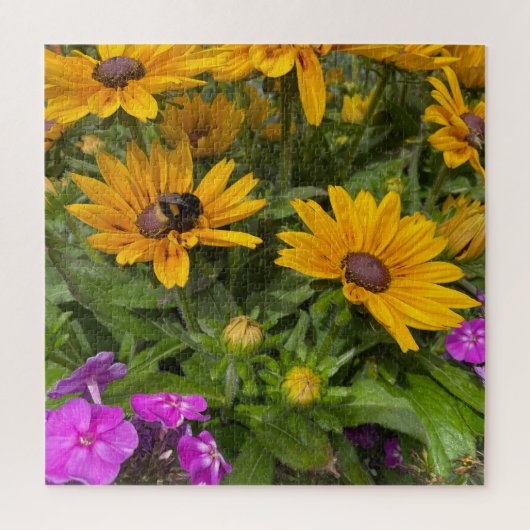 Gelbe Rudbeckia-Blume Rosa Phlox und Biene Puzzle (Vertikal)