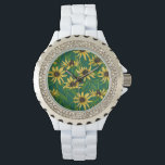 Gelbe Rudbekie auf dunkelgrün Armbanduhr<br><div class="desc">Handgemalt Vektormuster mit gelben rudbekischen Blume</div>