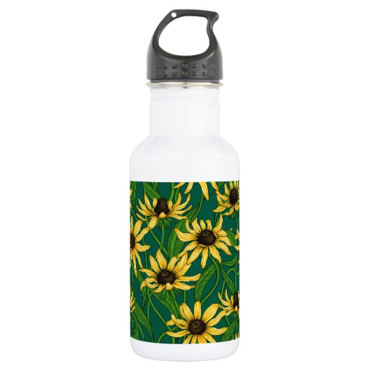 Gelbe Rudbekie auf dunkelgrün Edelstahlflasche (Vorderseite)