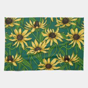 Gelbe Rudbekie auf dunkelgrün Geschirrtuch