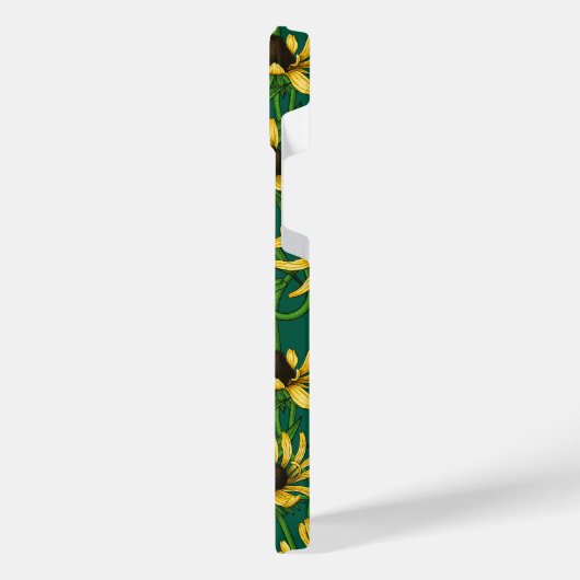 Gelbe Rudbekie auf dunkelgrün iPhone Hülle (Linke Seite)