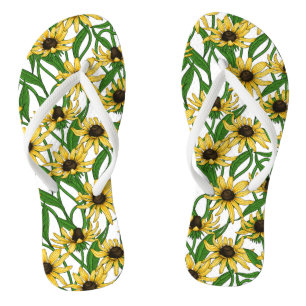 Gelbe Rudbekie auf Weiß Badesandalen