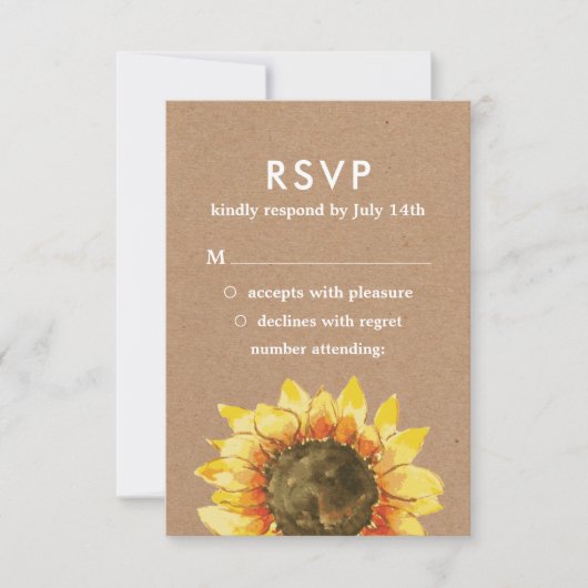 Gelbe rustikale Sonnenblume. Kraft Hochzeit RSVP Karte (Vorderseite)