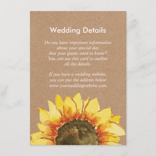 Gelbe Rustikale Sonnenblumenblume Rezeption Detail Begleitkarte (Vorderseite)