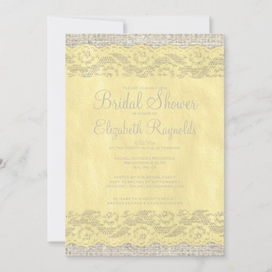 Gelbe Rustikale Spitzen-Bridal-Dusche Einladungen (Vorderseite)