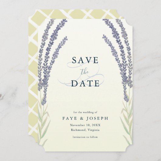 Gelbe Save the Date-Karte der Lavendel-Blume Einladung (Vorne/Hinten)