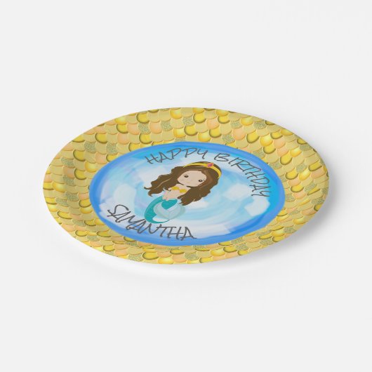 Gelbe Scales-Papierplatte aus Meerjungfrau Pappteller (Schrägansicht)