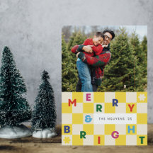 Gelbe Schachbrett-Merry-&-Bright-Weihnachtskarte