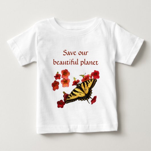 Gelbe Schmetterling auf roten Blume Rette unseren  Baby T-shirt (Vorderseite)