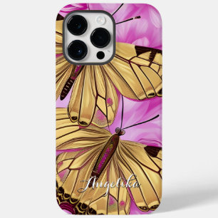 Gelbe Schmetterlinge, rosa Blumen personalisierter Case-Mate iPhone 14 Pro Max Hülle
