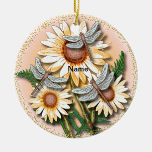 Gelbe Schmetterlings-Libelle Gänseblümchen  Keramik Ornament