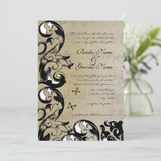 Gelbe Schmetterlingswirbel Einladung zur Hochzeit (Stehend Vorderseite)