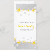 Gelbe Schneeflocken, graue Sterne Hochzeitskarte Menükarte (Vorne/Hinten)