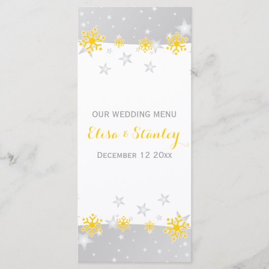 Gelbe Schneeflocken, graue Sterne Hochzeitskarte Menükarte (Vorderseite)