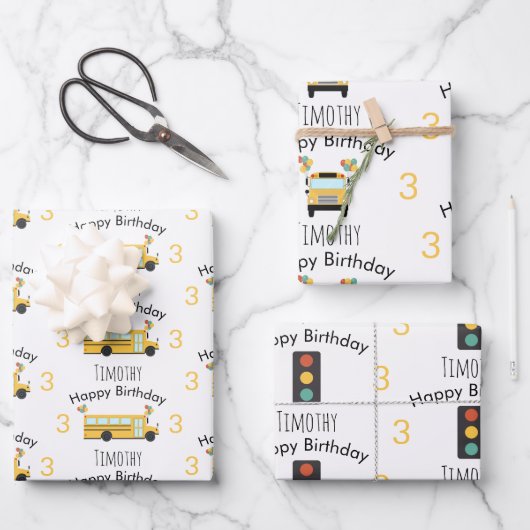 Gelbe Schulbus-Kinder-Geburtstagsfeier Geschenkpapier Set (Vorderseite)